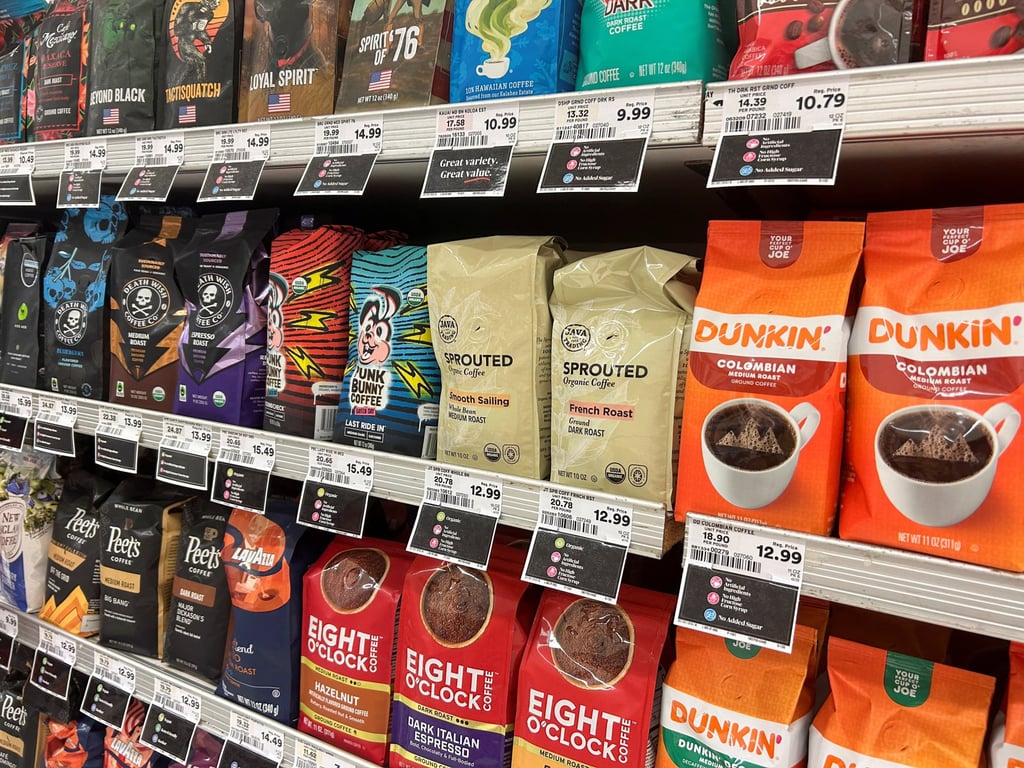 Coffee packages with their price tags are displayed on a shelf at a supermarket in Union City, New Jersey, in October. Photo: Reuters