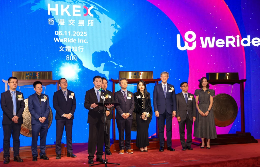 WeRide founder and CEO Tony Xu Han speaks at the company’s trading debut on the Hong Kong stock exchange on November 6, 2025. Photo: Nora Tam