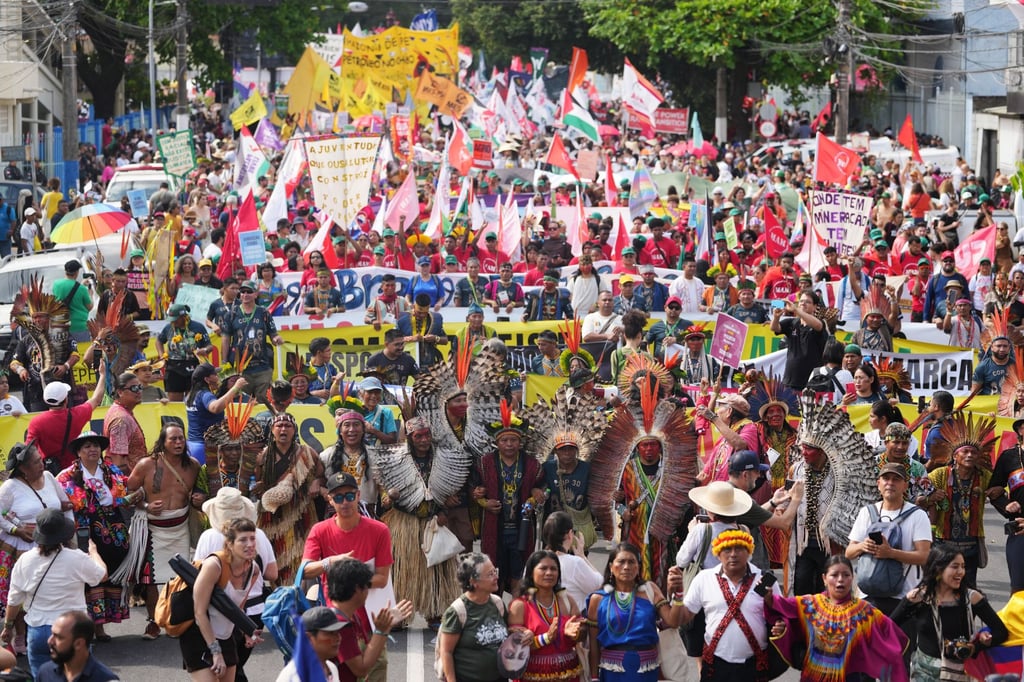 Activists take part in a climate protest during the Cop30 UN climate summit on Saturday in Belem, Brazil. Photo: AP