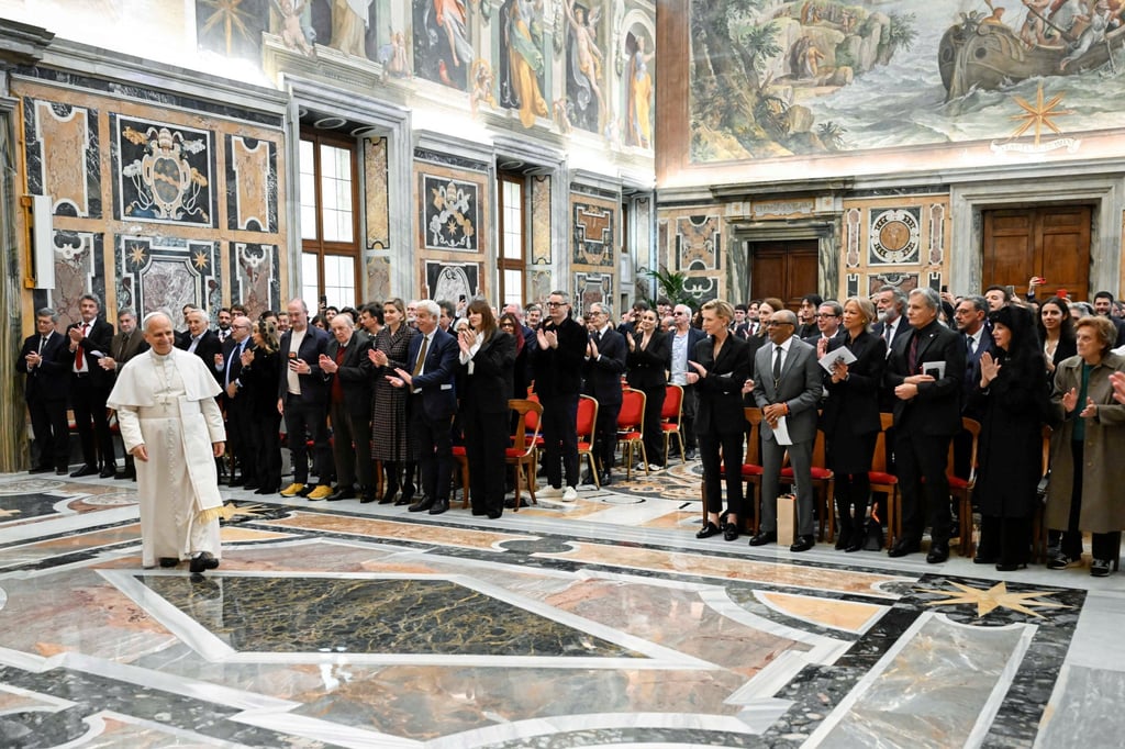 Pope Leo arrives to meet international filmmakers and actors in the Sala Clementina at the Vatican on Saturday. Photo: Vatican Media via Reuters