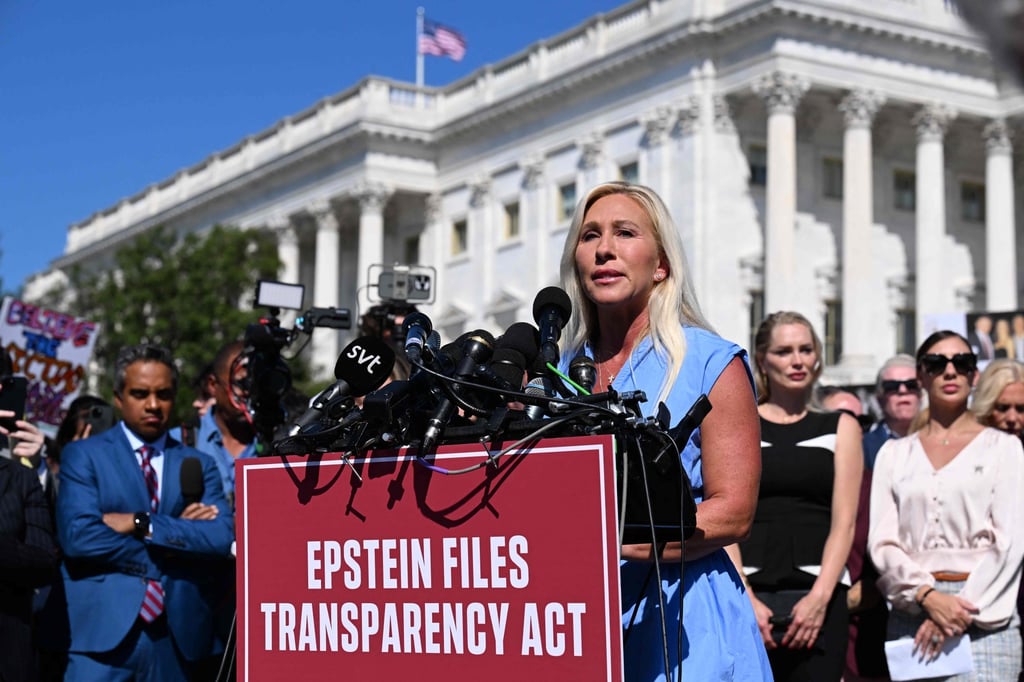 US congresswoman Marjorie Taylor Greene speaks during a press conference and rally in support of the victims of sex offender Jeffrey Epstein in Washington in September. Photo: AFP