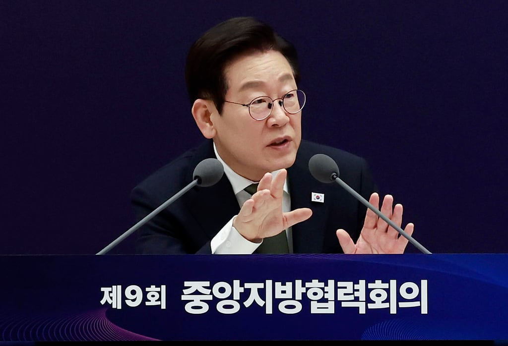 South Korean President Lee Jae-myung speaks during a meeting at the presidential office on Wednesday. Photo: EPA/Yonhap