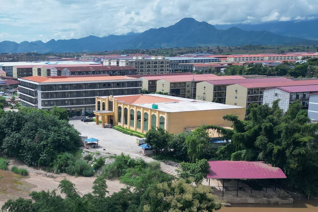 The KK Park complex in Myanmar’s eastern Myawaddy township, a notorious internet scam hub, seen from over the border in Thailand. Photo: AFP