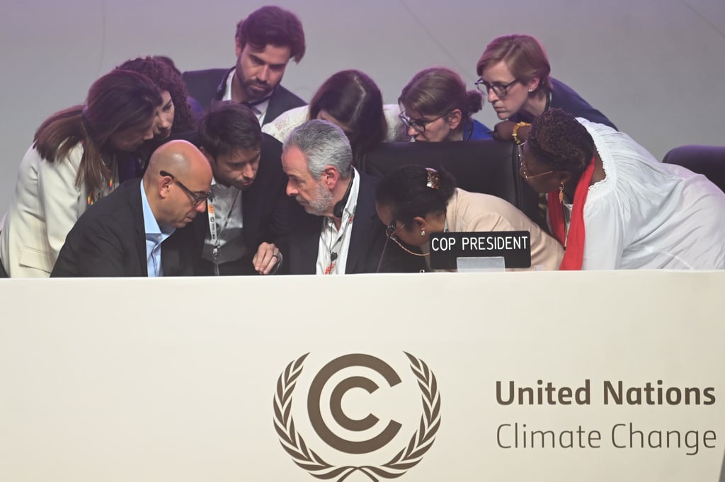 Cop30 President Andre Correa do Lago (second from left, front) during a plenary session in Belem, Brazil, on Saturday. The summit shied away from a clear road map on how countries should transition from fossil fuels. Photo: Xinhua