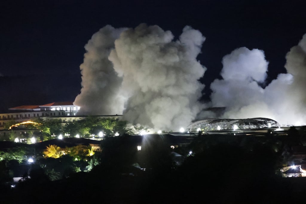 An explosion seen at the KK Park online scam centre in Myawaddy township, Karen state, Myanmar last month. Photo: AP