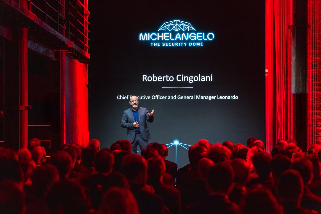 Leonardo Chief Executive Roberto Cingolani gives a presentation on the Michelangelo Dome air defence system in Rome, Italy, on Thursday. Photo: Leonardo