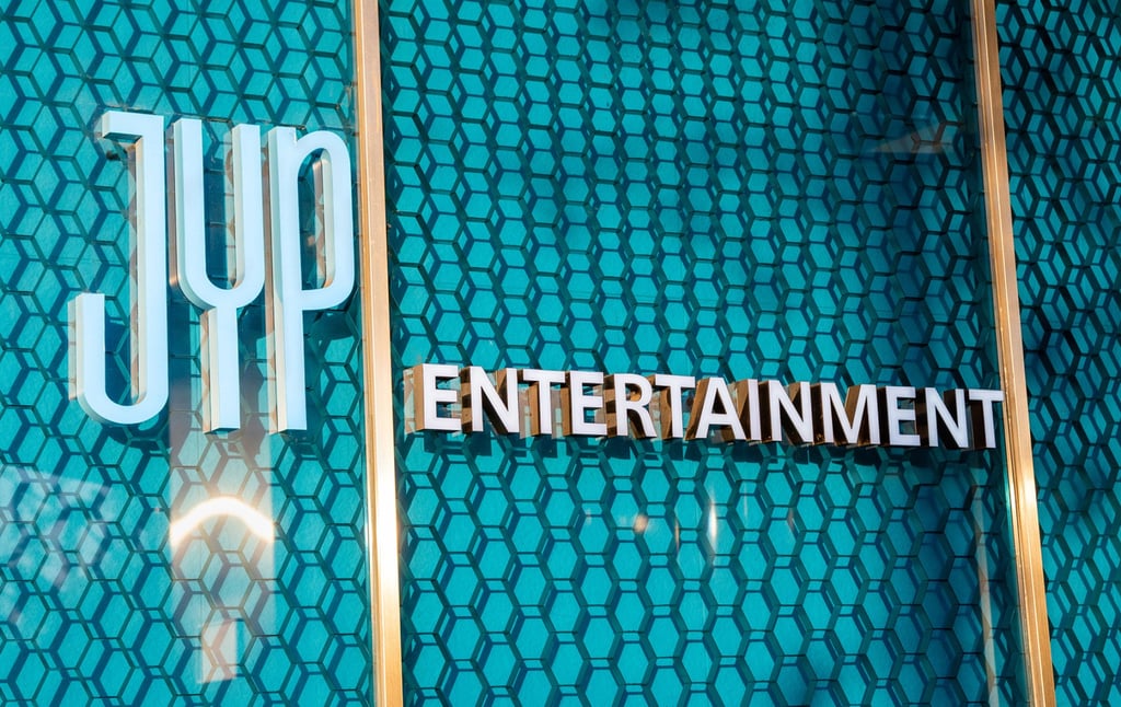 JYP Entertainment’s logo is seen at its headquarters in Seoul. Photo: Dreamstime/TNS