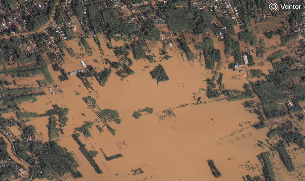 Flooded fields in Hat Yai, Thailand’s southern Songkhla province, on Saturday. Hat Yai is one of the hardest-hit districts. Photo: Vantor / AFP