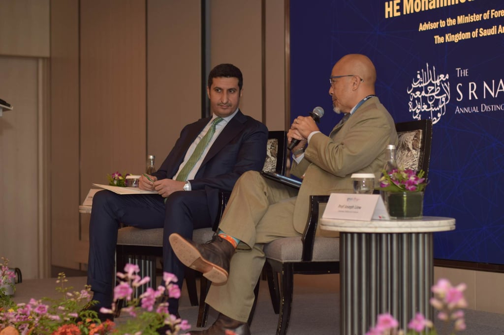 Mohammed Khalid Alyahya, adviser to Saudi Arabia’s minister of foreign affairs, and Joseph Liow, chairman of the Middle East Institute, at the S R Nathan Distinguished Lecture on Monday. Photo: Middle East Institute