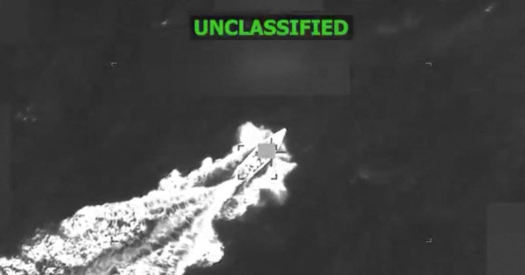 A video screenshot released by US Defence Secretary Pete Hegseth claims to show a strike on a vessel that Hegseth alleges is linked to a terrorist organisation. Photo: X/US Secretary of Defence Pete Hegseth/AFP