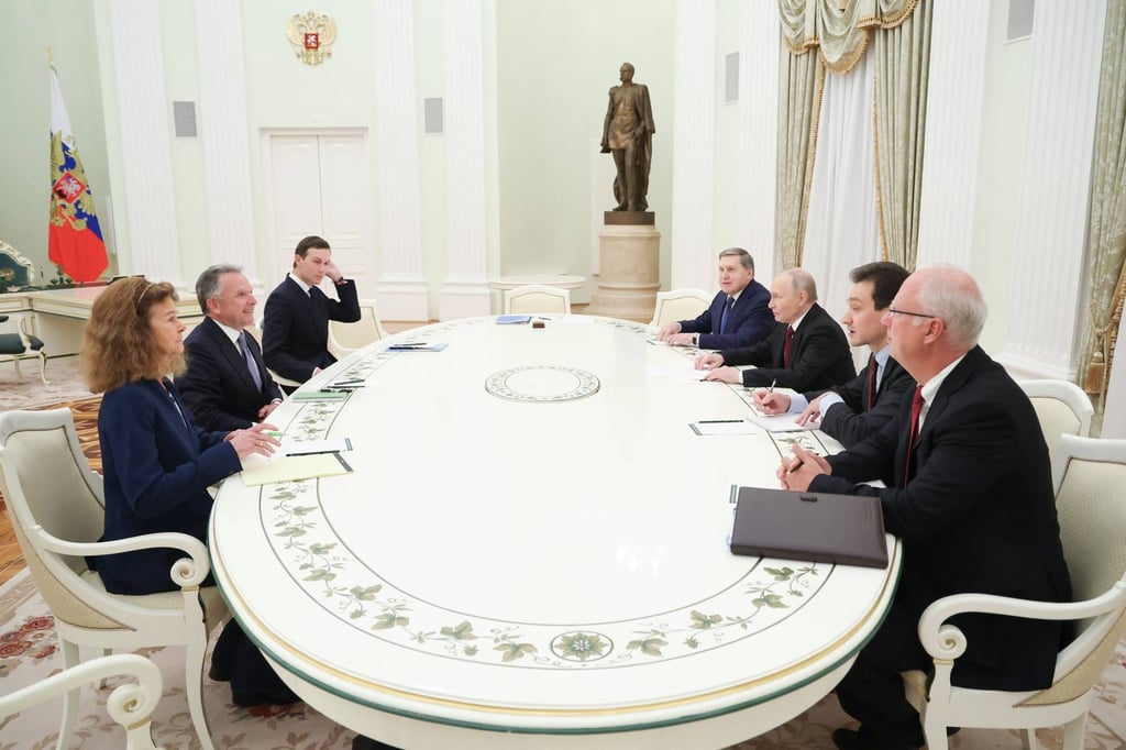 Russia’s President Vladimir Putin, accompanied by Kremlin economic envoy Kirill Dmitriev and Kremlin aide Yuri Ushakov, meets US special envoy Steve Witkoff and US President Donald Trump’s son-in-law Jared Kushner at the Kremlin in Moscow on Tuesday. Photo: Sputnik via AFP