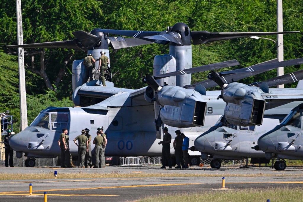 US Marine Corps members work with MV-22 Osprey aircraft in Ponce, Puerto Rico, on Tuesday. Photo: AFP