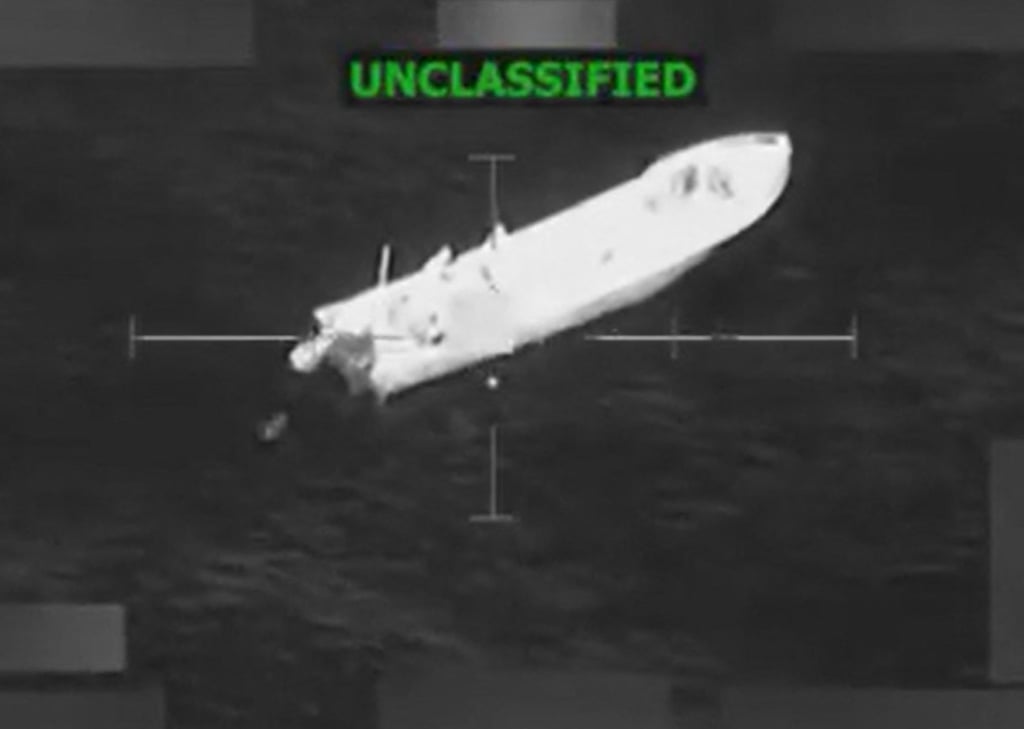 This screen grab from a video posted by US Defence Secretary Pete Hegseth on social media in November shows what Hegseth says is a lethal strike on a vessel carrying narcotics in the Eastern Pacific Ocean. Image: Pete Hegseth/X via AFP