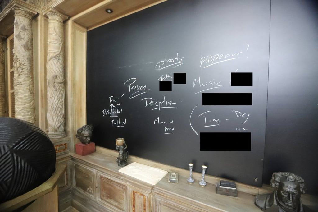 Some of the words on the chalkboard in a room at Jeffrey Epstein’s former island hideaway were redacted before the images were released on Wednesday. Photo: House Oversight Committee via Reuters