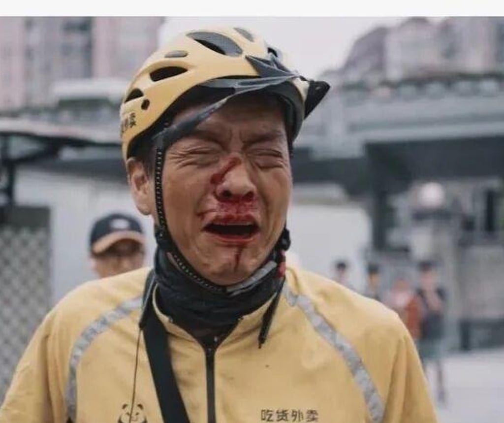 A bloodied delivery worker. China’s state broadcaster has been panned for glorifying a tough job. Photo: Baidu