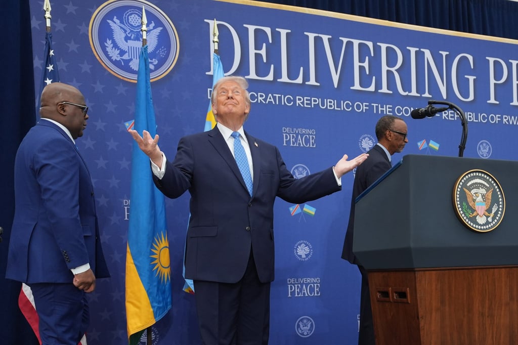 US President Donald Trump at last Thursday’s signing ceremony with Rwanda’s President Paul Kagame and DR Congo President Felix Tshisekedi. Photo: AP