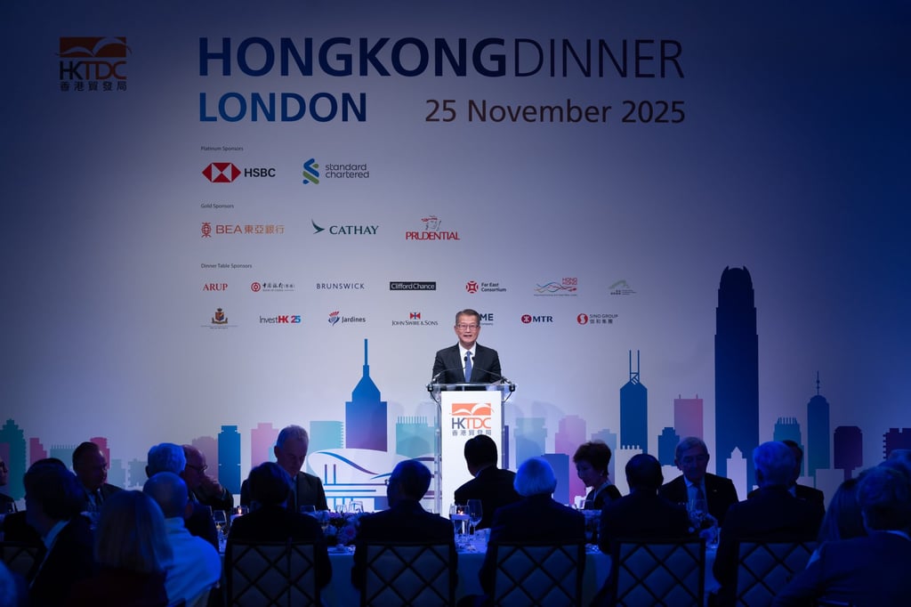 Hong Kong Financial Secretary Paul Chan Mo-po speaks at an event by the Hong Kong Trade Development Council in London on November 25. Photo: SCMP Pictures