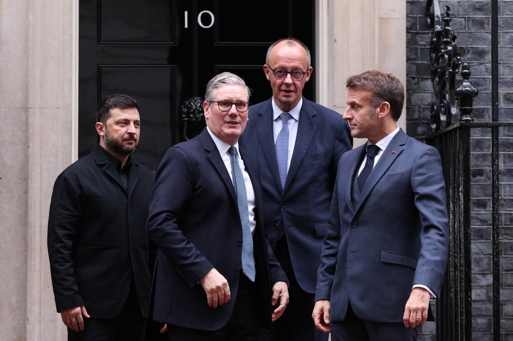 (Left to right) Ukraine’s President Volodymyr Zelensky, Britain’s Prime Minister Keir Starmer, Germany’s Chancellor Friedrich Merz and France’s President Emmanuel Macron outside 10 Downing Street in London on Monday. Photo: EPA