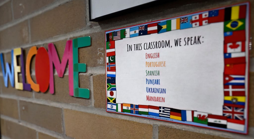 A sign posted outside kindergarten teacher Christin Labriola’s classroom shows the diverse population of her students at Webster Hill Elementary School. Photo: AP