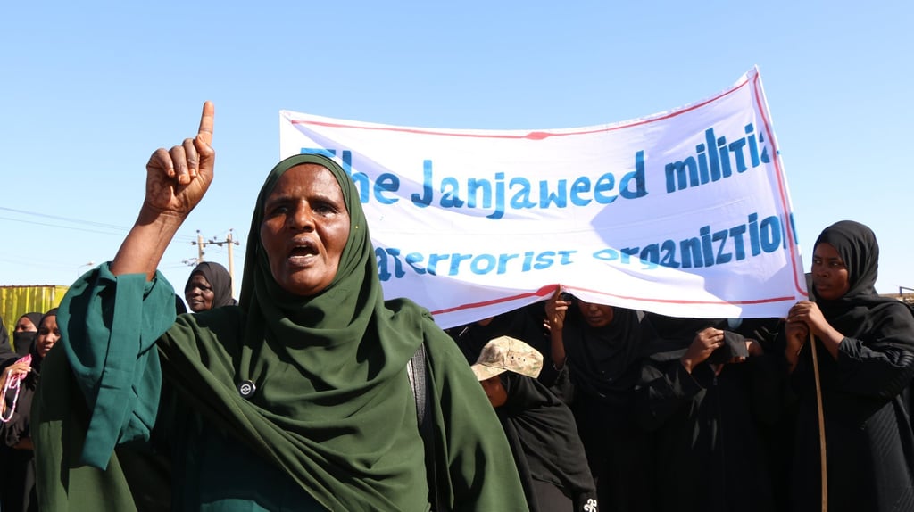 Protesters take part in a rally in support of the Sudanese Army and against the paramilitary Rapid Support Forces in Merowe on Saturday. Photo: EPA