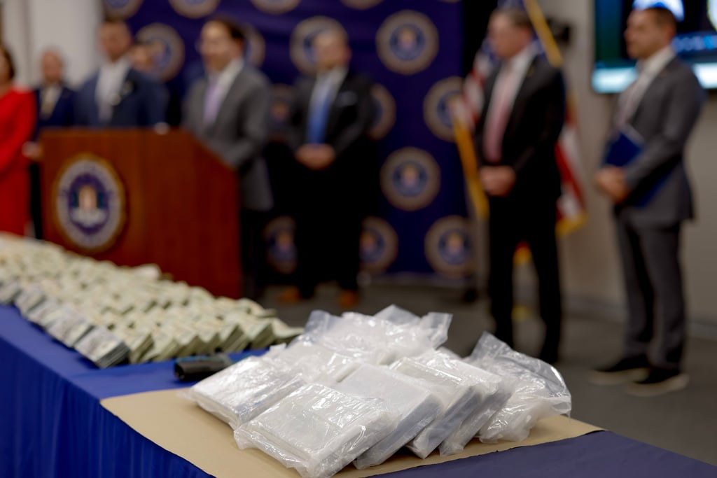 Seized packages of fentanyl and cash are displayed at the Atlanta Federal Bureau of Investigation headquarters in Atlanta, Georgia, last month. Photo: EPA