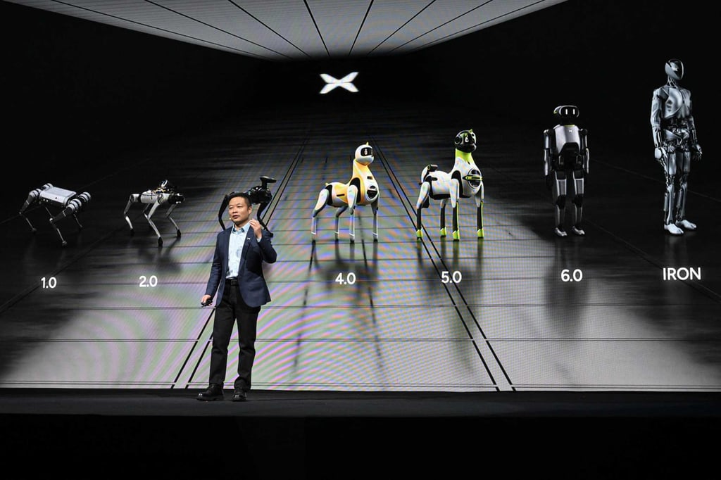 Xpeng CEO He Xiaopeng introduces the company’s robots in Guangzhou, in southern China’s Guangdong province, on November 5, 2025. Photo: AFP