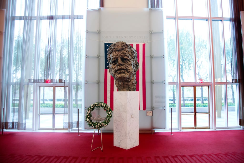 A memorial wreath stands next to the bronze memorial bust of US President John F. Kennedy by Robert Berks in the grand foyer at the Kennedy Centre in November 2013. Photo: AP