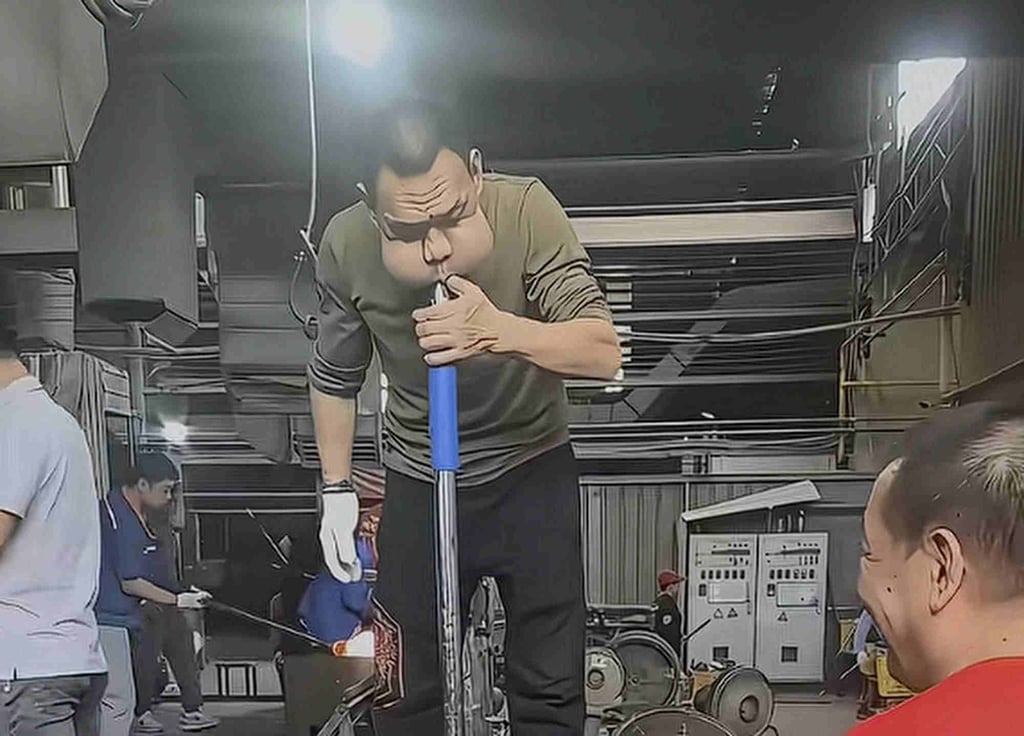 Zhang’s cheeks puff out as he gets down to work blowing on melted glass. Photo: Sina