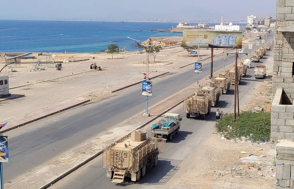 A convoy of armoured vehicles in the port city Mukalla, southern Yemen, on January 1. Separatists from Yemen’s Southern Transitional Council said that Saudi-aligned government forces would enter territories seized by the UAE-backed group. Photo: AFP