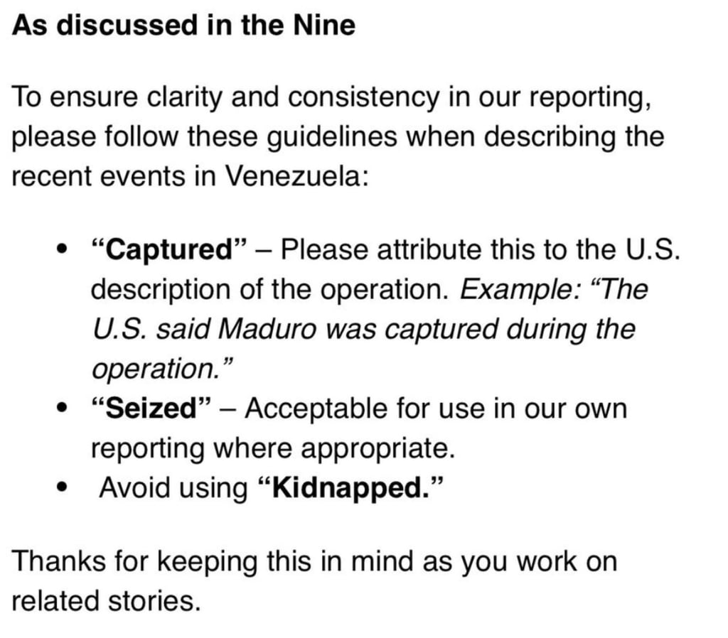An image of the directive outlines guidelines meant “to ensure clarity and consistency” in reporting on the recent events in Venezuela. Photo: Handout