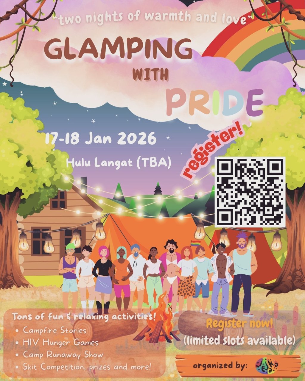 Jejaka’s “Glamping With Pride” poster features rainbow-theme artwork. Photo: Instagram/jejakaorg