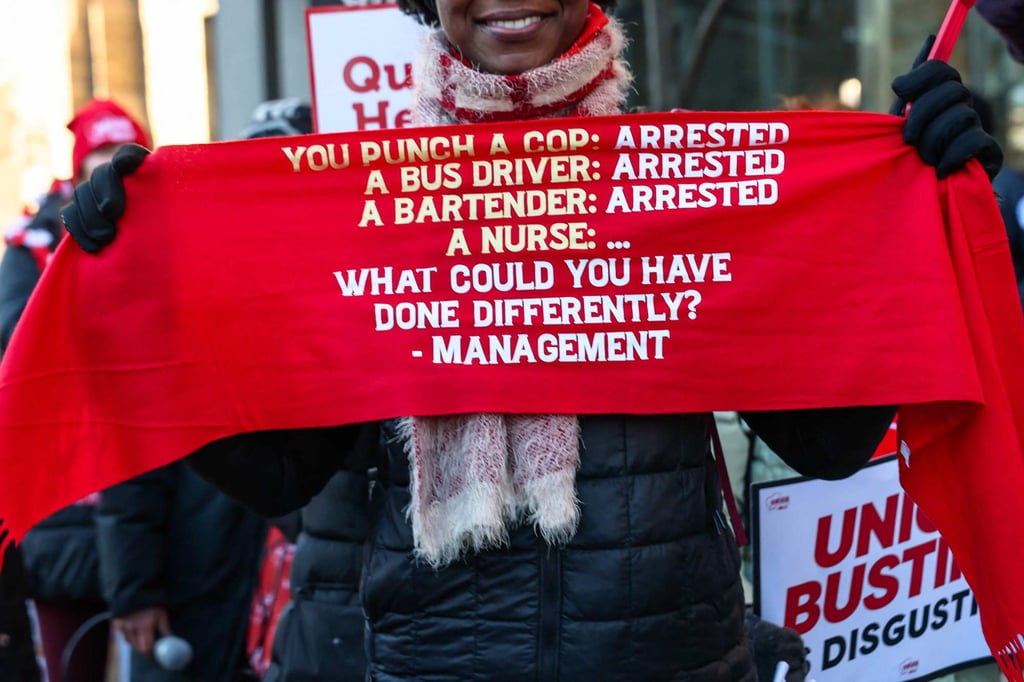 Nurses from New York-Presbyterian/Columbia University Irving Medical Centre strike outside the hospital on Monday. Photo: Getty Images via AFP