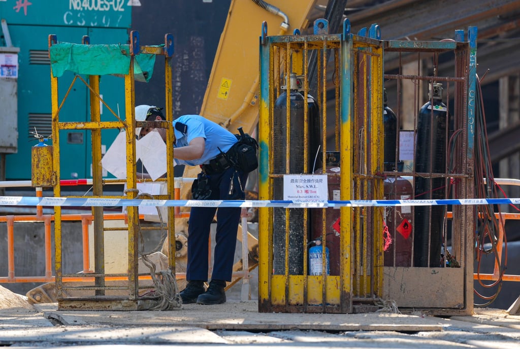 Three gas cylinders fell from a crane at a construction site on Po Fung Road in Tsuen Wan, injuring three workers, one of them fatally. Photo: Jelly Tse