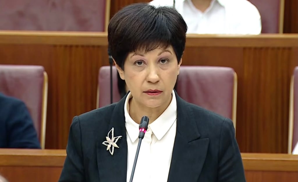 Singapore’s Leader of the House Indranee Rajah speaking in parliament on the motion of suitability of Pritam Singh as Leader of the Opposition on Wednesday. Photo: YouTube/MDDI Singapore