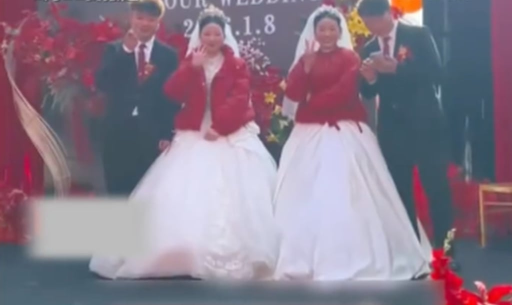 The twin brothers and their new twin wives pictured at the wedding ceremony. Photo: Douyin
