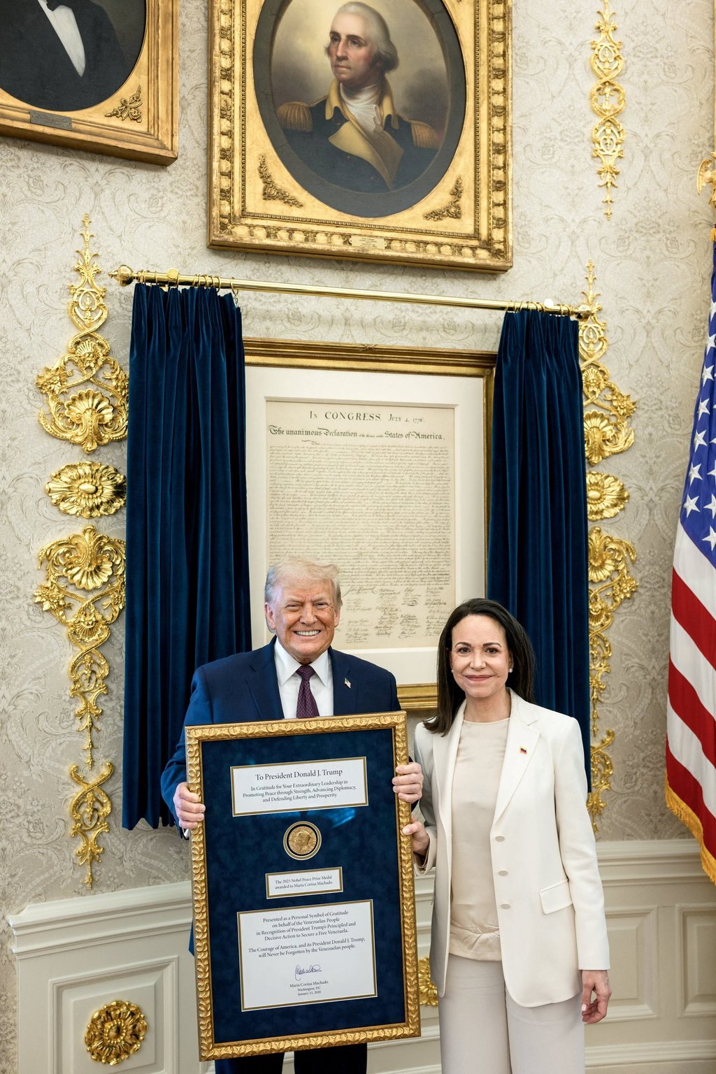 Maria Corina Machado gave her Nobel Peace Prize medal to US President Donald Trump during their White House meeting. Photo: The White House via Reuters