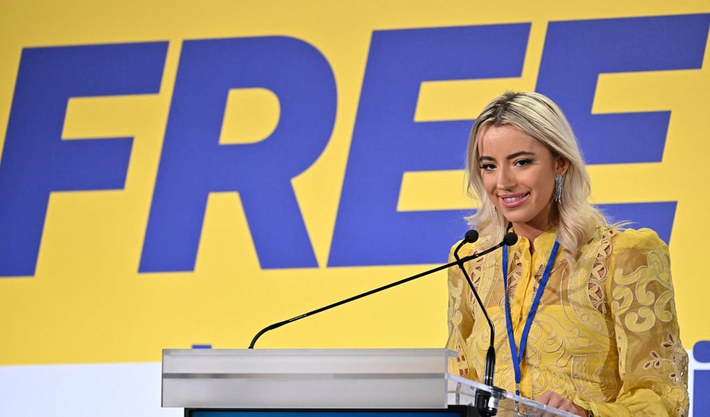 Ashley St. Clair delivers a speech during a European Parliament leaders of Identity and Democracy group convention on December 3, 2023. Photo: AFP