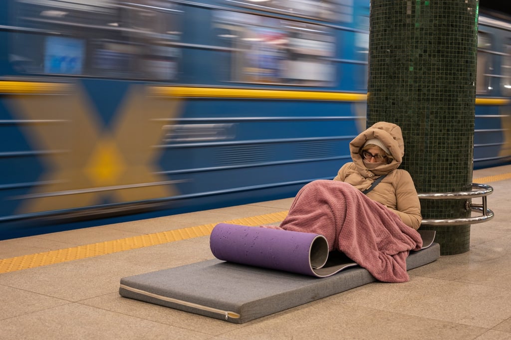 A person takes shelter in a subway station during Russia’s night missile and drone attack in Kyiv on Tuesday. Photo: AP