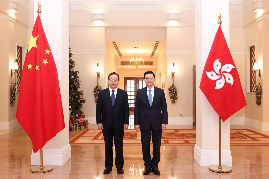 Chief Executive John Lee (right) meets Jiang Zuojun, vice-chairman of the 14th National Committee of the Chinese People’s Political Consultative Conference, at Government House. Photo: Handout