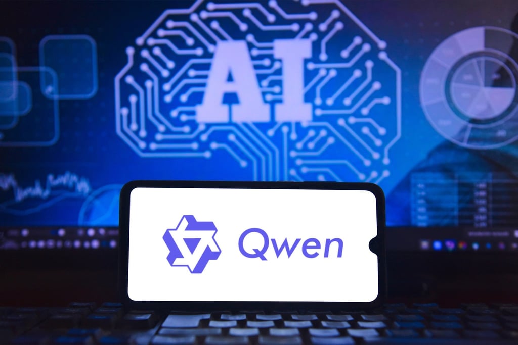 The Alibaba Qwen logo is seen on a smartphone screen with an AI neural technology concept image behind it. Photo: Shutterstock Images