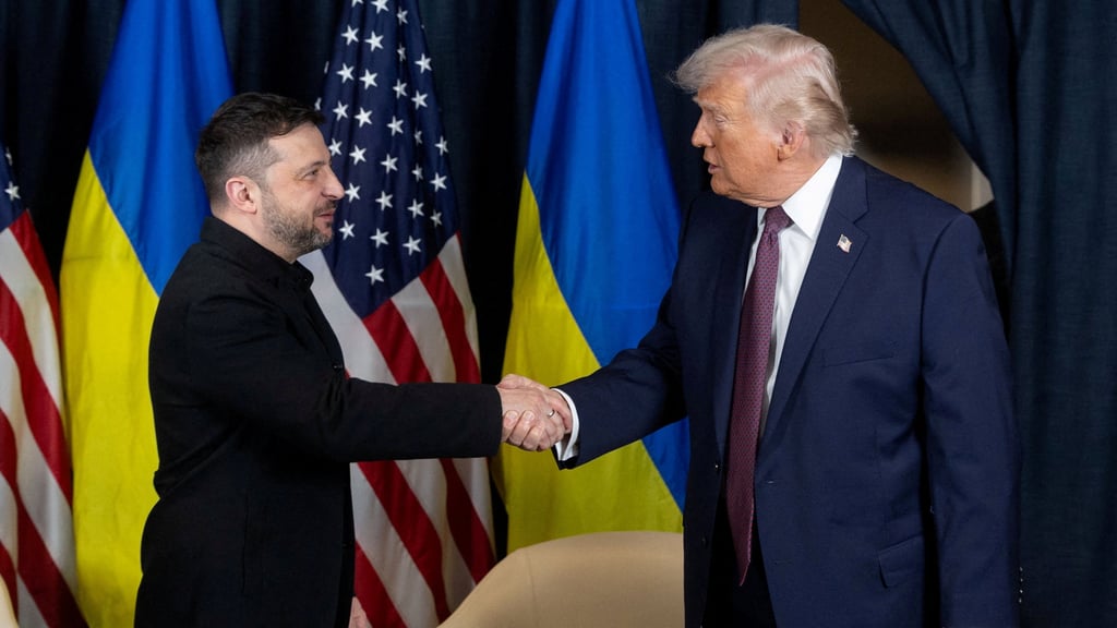 Ukraine’s President Volodymyr Zelensky (left) and US President Donald Trump shake hands during their meeting on the sidelines of the World Economic Forum in Davos, Switzerland, on Thursday. Photo: Ukrainian Presidential Press Service via Reuters