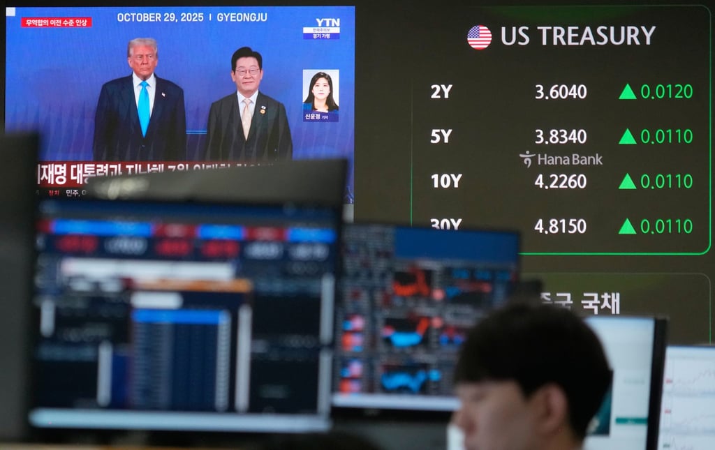 US President Donald Trump (left) and South Korean President Lee Jae Myung are seen on a screen at the foreign exchange dealing room of the Hana Bank headquarters in Seoul on Tuesday. Photo: AP