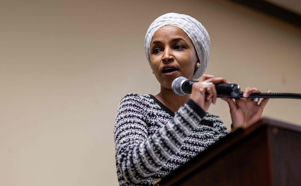 Congresswoman Ilhan Omar speaks during a town hall meeting in Minneapolis, Minnesota, on Tuesday. Photo: AFP