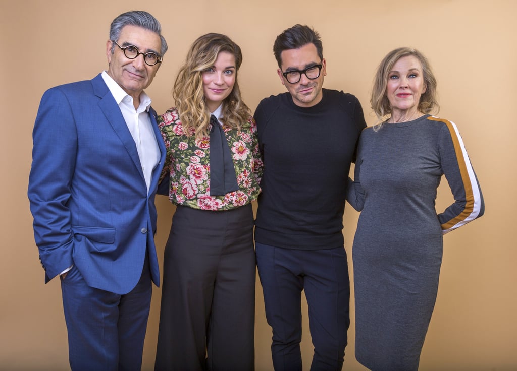 Catherine O’Hara (far right) appears with fellow Schitt’s Creek cast members (from left) Eugene Levy, Annie Murphy and Daniel Levy in Pasadena, California, in January 2018. Photo: AP