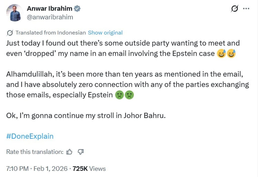 A translated version of Malaysian Prime Minister Anwar Ibrahim’s social media post dismissing speculation about any links to US sex offender Jeffrey Epstein. Image: X/anwaribrahim