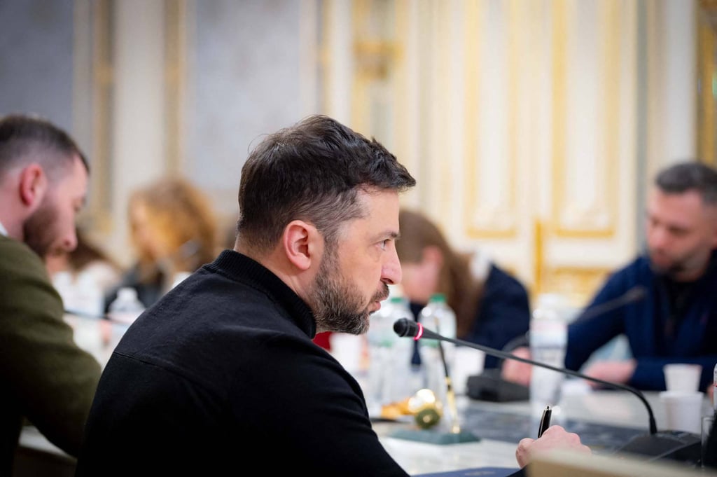 Ukraine’s President Volodymyr Zelensky chairs a meeting with journalists at his office in Kyiv on Friday. Photo: Ukrainian Presidential Press Service via AFP