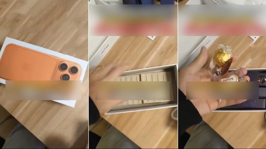 The above image shows, from left to right, the iPhone box, the tiles and the chocolates. Photo: Weibo