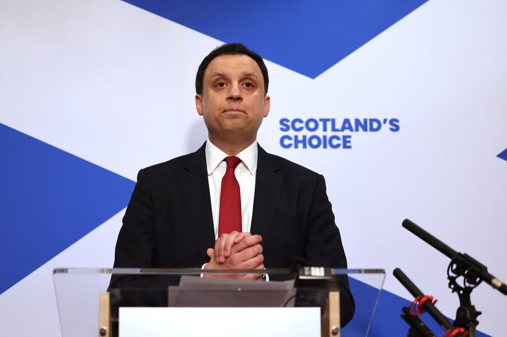 Scottish Labour leader Anas Sarwar calls on Prime Minister Keir Starmer to resign during a press conference in Glasgow on Monday. Photo: AP