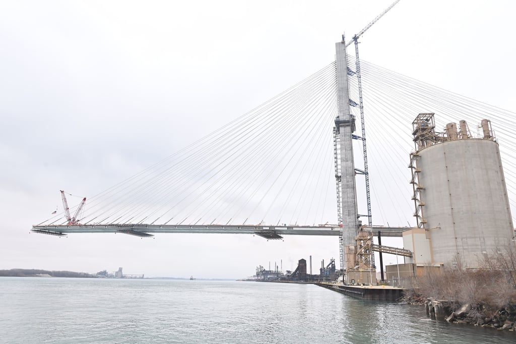 The American span of the Gordie Howe International Bridge is seen under construction in Detroit, Michigan, in December 2023. Photo: TNS