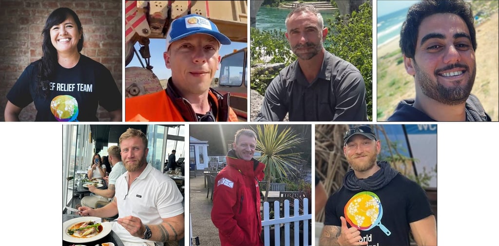 From top left to right: Lalzawmi Frankcom, Damian Sobol, James Kirby, and Saifeddin Abutaha. Bottom left to right: James Henderson, John Chapman, and Jacob Flickinger. All seven aid workers were killed by Israeli bombardment on April 1, 2024. Photo: World Central Kitchen/AFP